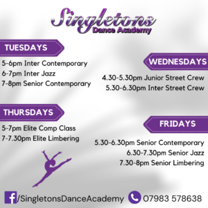 Singletons Dance Academy Weekday Timetable